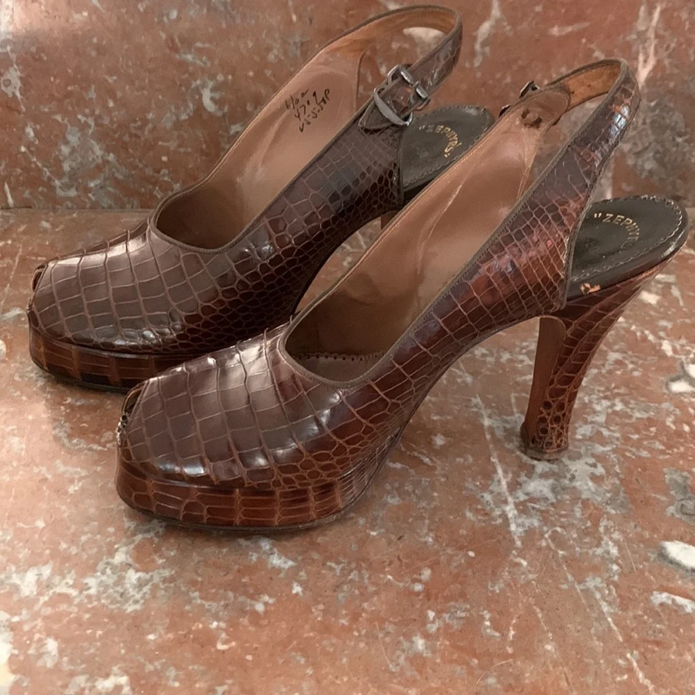 Vintage 1940’s WWII Alligator Peep Toe Slingback Platform Heels sz 6